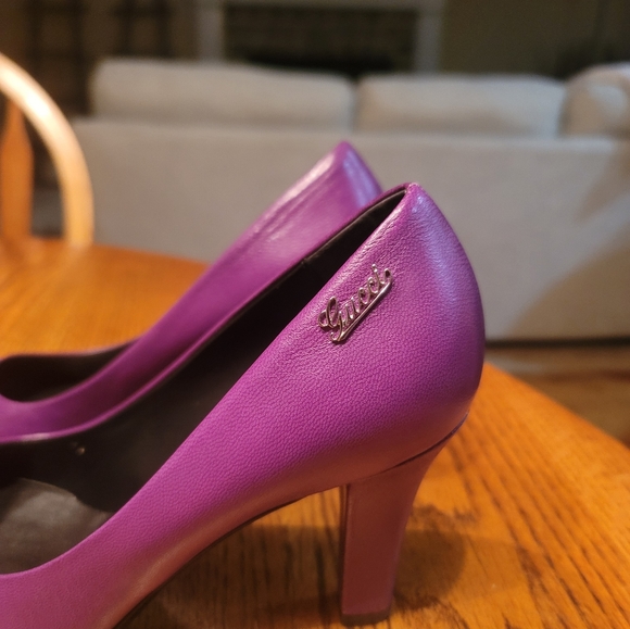 Gucci Purple Genuine Leather Round Toe Side Logo Shoes Pumps Heels - Picture 10 of 16